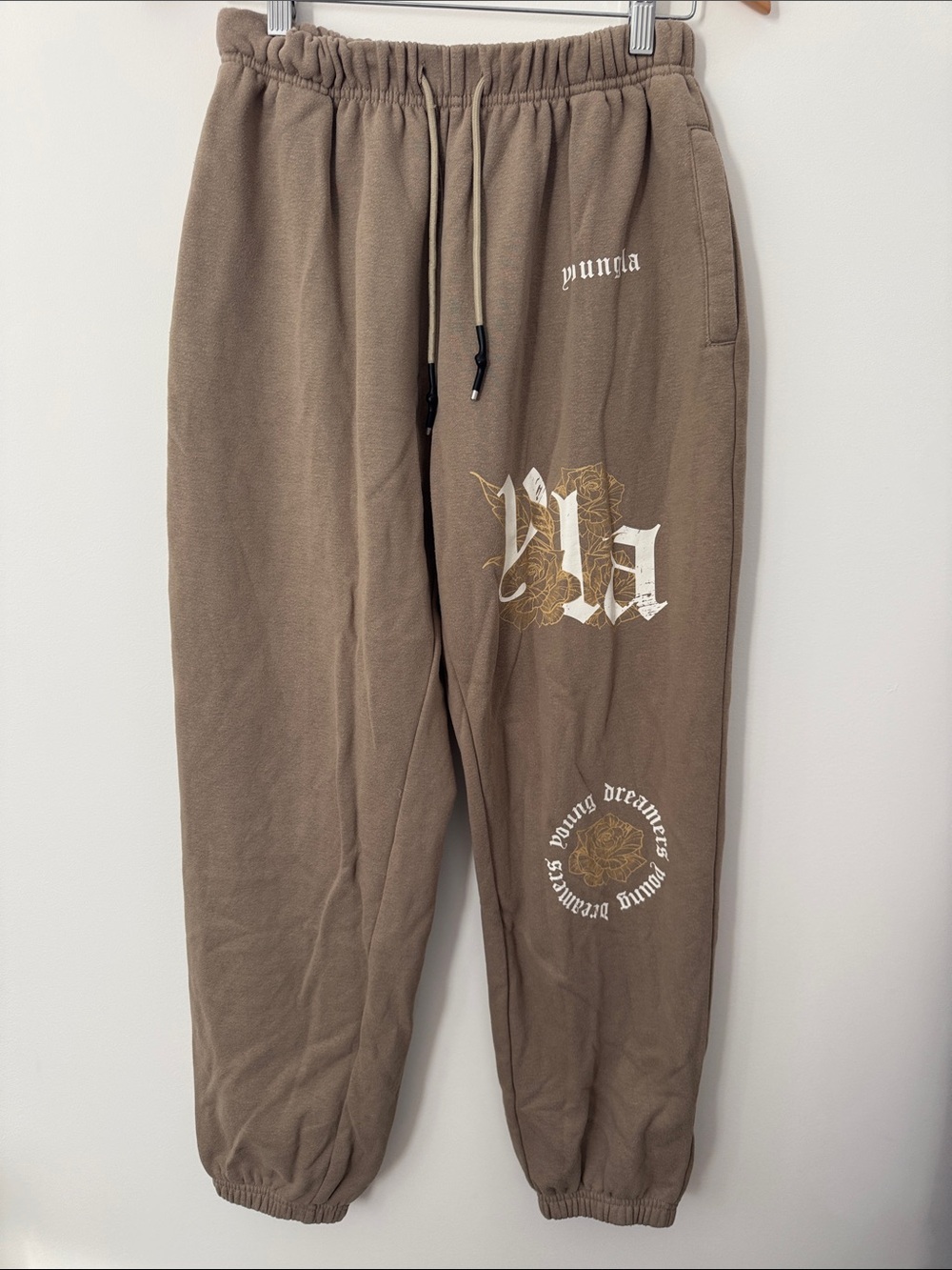 YoungLA Brown Graphic Joggers with White & Gold Print
